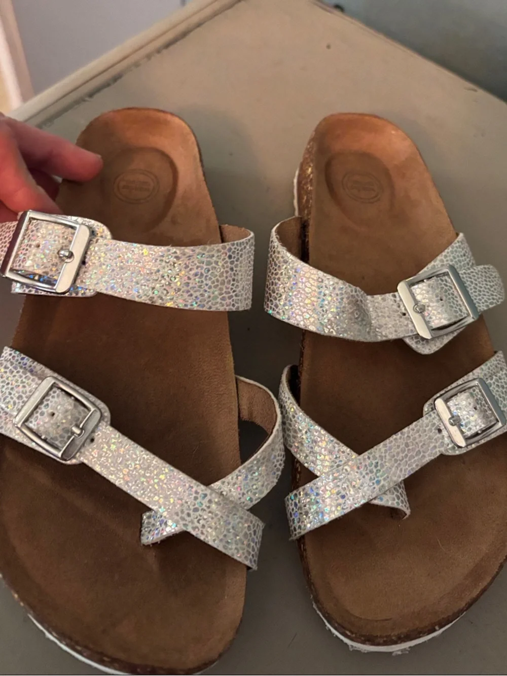 wonder nation Girls Silver Holographic Buckle Sandals